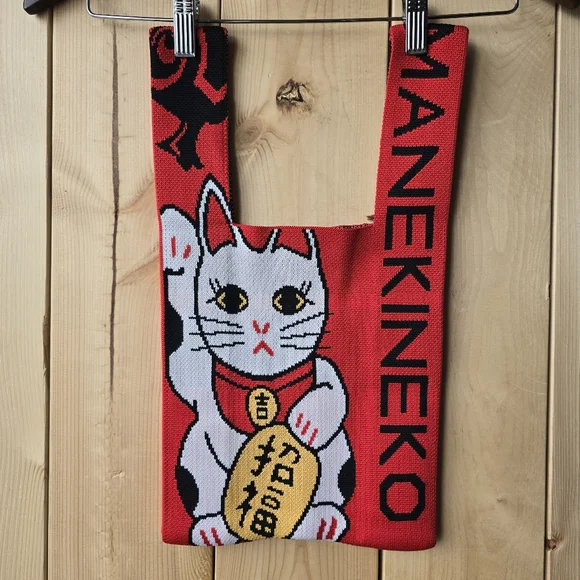 Manekineko Lucky Cat Red Knit Soft Tote Bag Small - Picture 4 of 7